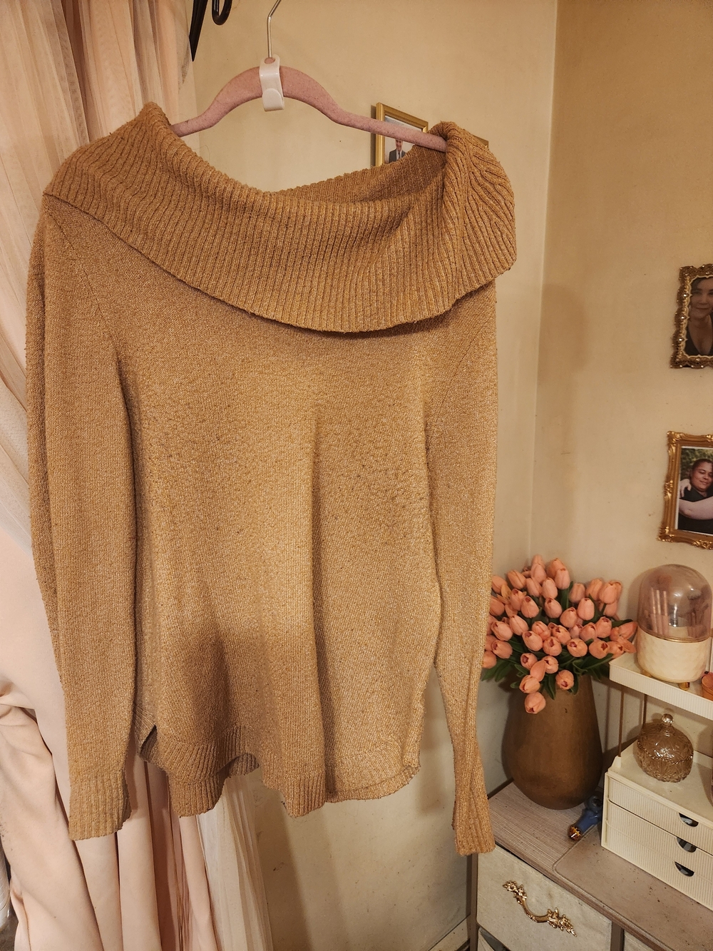 Tahari Tan Off-the-Shoulder Cowl Neck Sweater